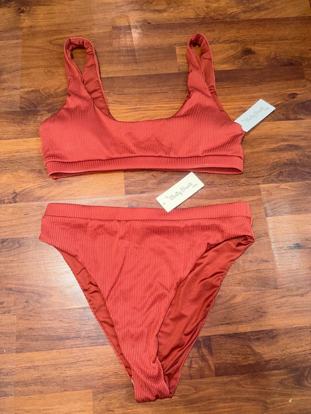 Womens Ribbed Bikini Bottoms in Rust Red